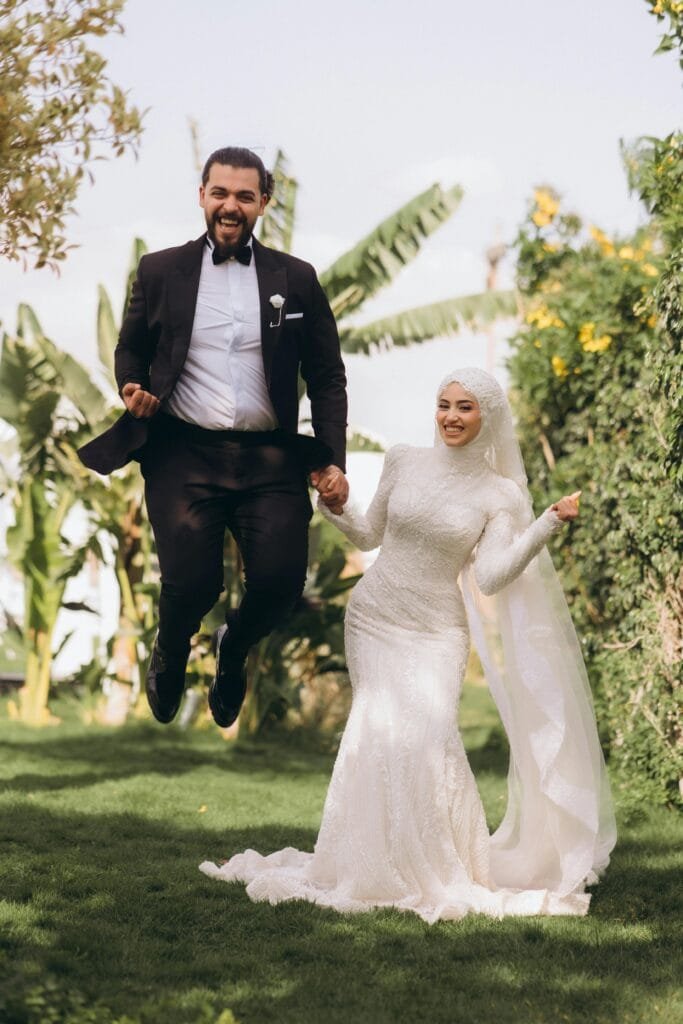 Bride and groom in a garden wedding