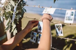 Wedding photos displayed on a clothsline
