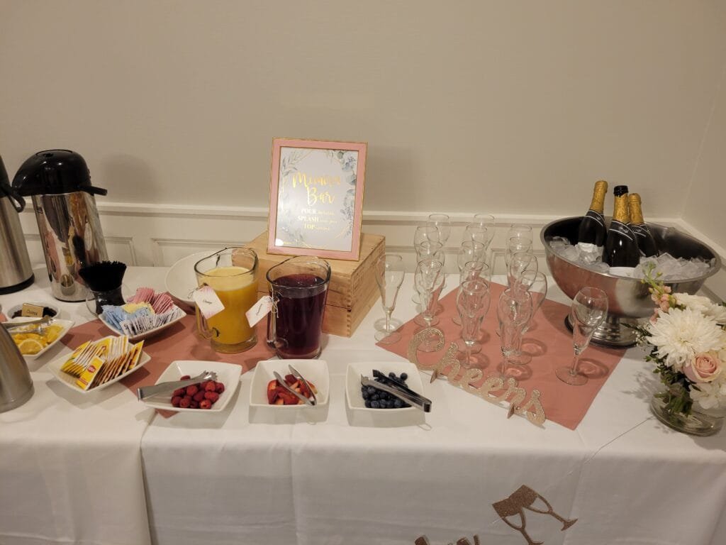 Mimosa station and coffee station. food and beverage for your bridal shower
