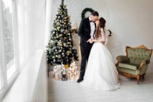 Winter Wedding. Christmas tree with bride and groom. Decor ideas for a magical celebration