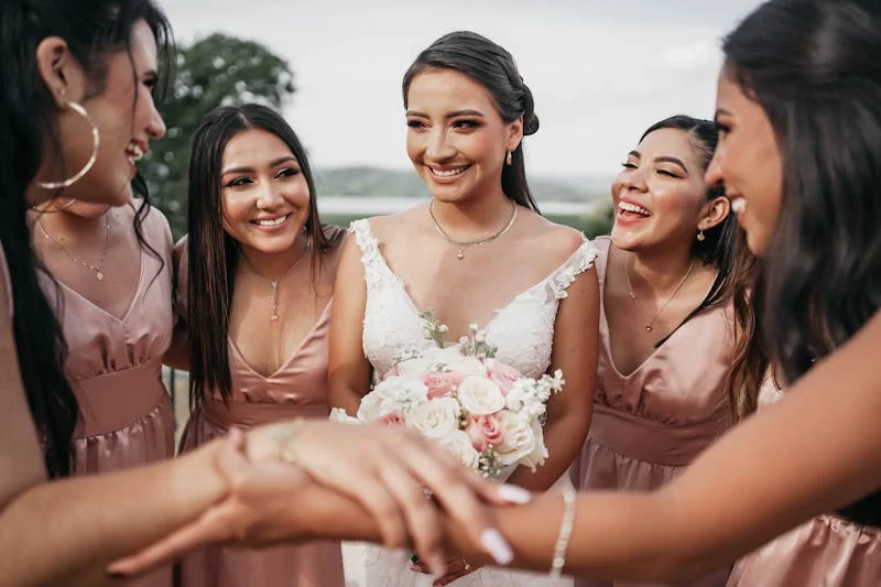 Neutral Wedding Colors. Ivory and blush bridesmaids dresses. 