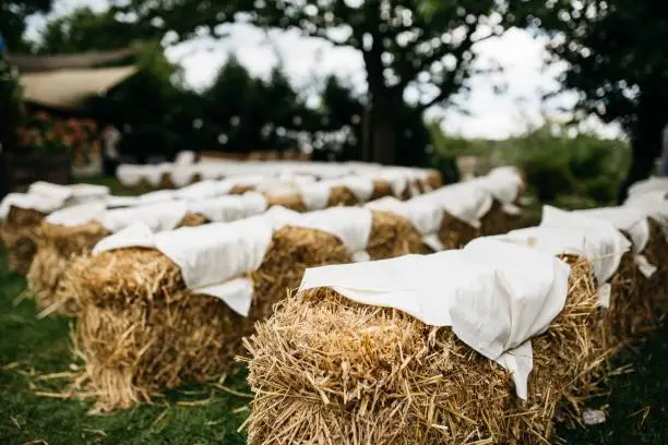 Rustic Wedding ceremony decor, Haybales for seating