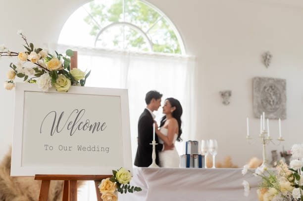 Wedding welcome sign with bride & groom