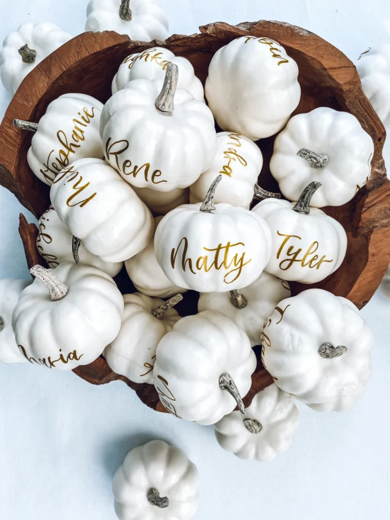 Fall wedding decor. White pumpkin place cards