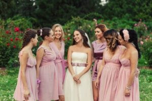 Mismatched bridesmaids dresses. Wedding tradition