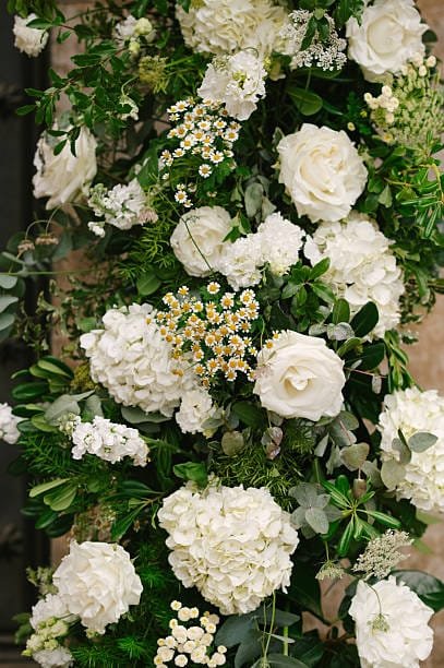 Backyard wedding decor, flower wall