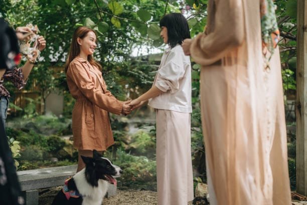 Brides exchanging vows at the wedding ceremony rehearsal