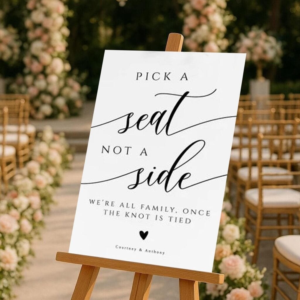Wedding ceremony sign, pick a seat not a side
