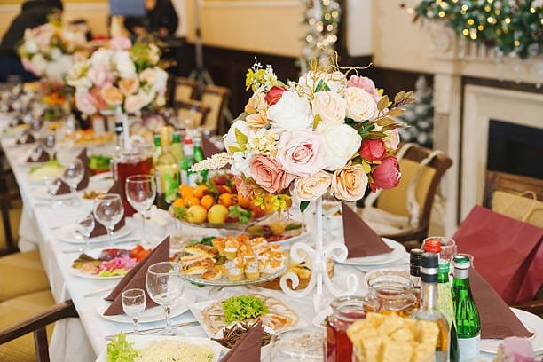 table of food at a wedding reception