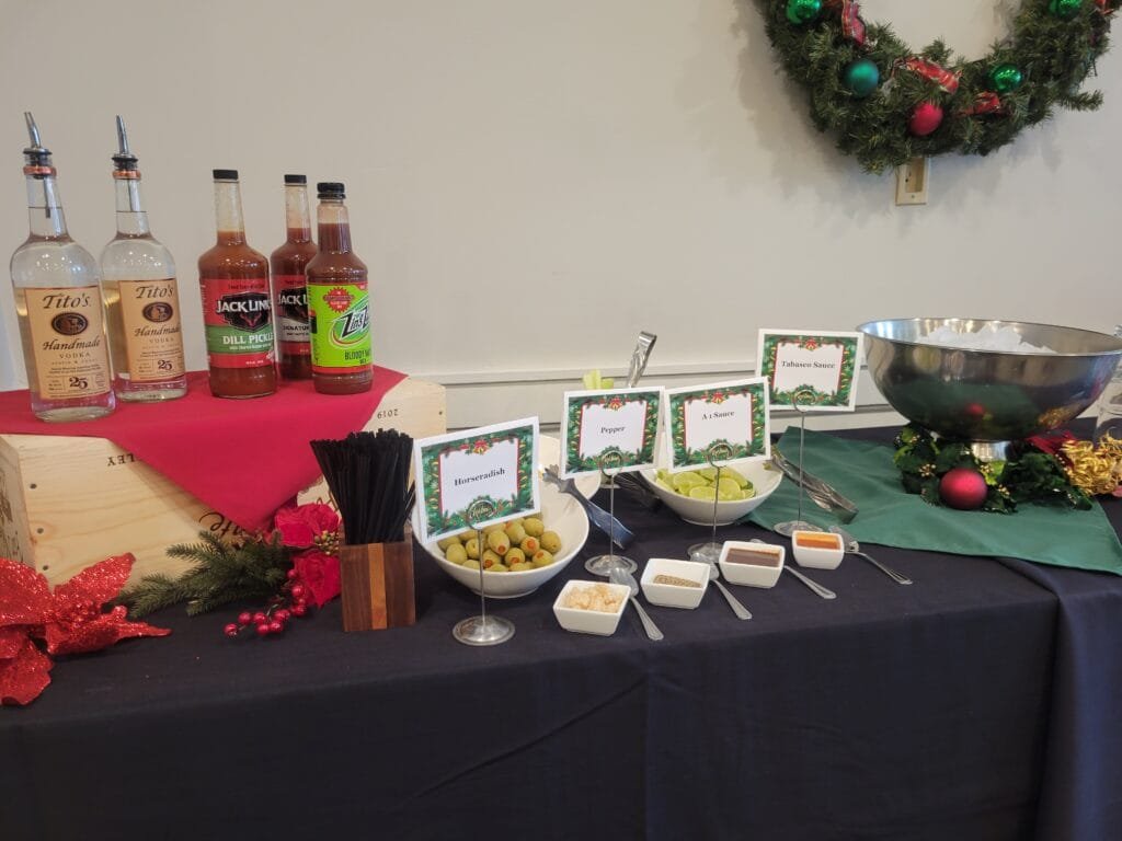 bloody mary bar setup for holiday themed bridal shower