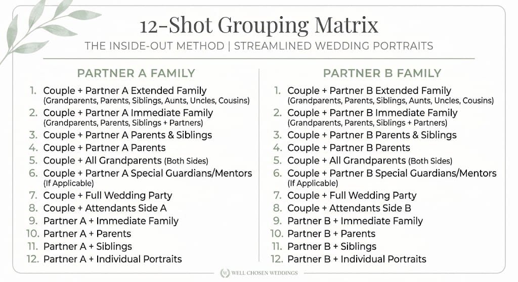 12-Shot Grouping Matrix for wedding family portraits using the Inside-Out Method — showing 12 portrait groupings for Partner A family and 12 for Partner B family