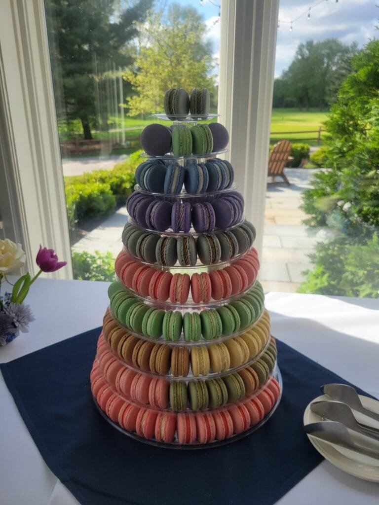 macaroon tower at an engagement party